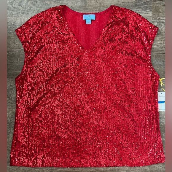 CeCe Tops - CeCe Sequined V-Neck Cap-Sleeve Red Blouse-Size XL